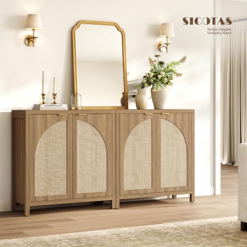 Rattan Sideboard Buffet Cabinet with Storage Credenza, 2 Arch Doors, view 3
