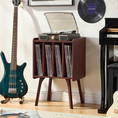 Record Player Stand, Walnut Vinyl Record Storage Table, 4-Cubby, view 7