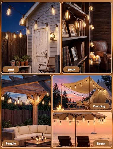 LED Outdoor String Lights 50FT Patio Lights with 27 ST38 Edison Shatterproof Bulbs, Outside Hanging Lights Waterproof for Porch, Deck, Garden, Backyard, Balcony, 2700K Warm White, Dimmable