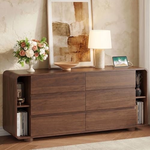 63 Inch 6 Drawer Dresser with Shelves, Rounded Corner, Walnut, view 2