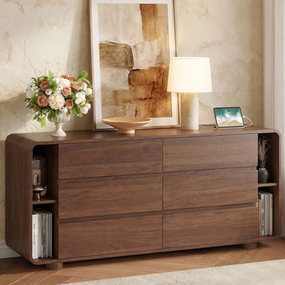 63 Inch 6 Drawer Dresser with Shelves, Rounded Corner, Walnut, view 2