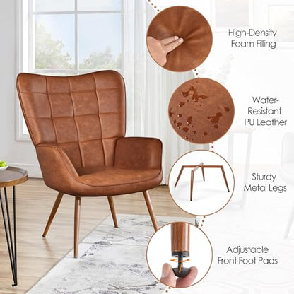 Yaheetech Accent Chairs, Large PU Leather High-Back Chair w/Metal Legs, Pottery Barn Style Living Room Chairs for Bedroom/Home Office, Camel