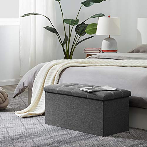 30 Inch Storage Ottoman, Folding Ottoman with Storage, Linen Storage Bench Supports Up to 350 lbs, Footrest Seat for Living Room, Bedroom, Gray