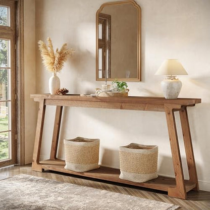 Solid Wood Console Table, 63-Inch Long Couch Table Behind Sofa with 2-Tier Storage, Narrow Entryway Accent Furniture for Living Room, Hallway, Entrance, Foyer (Natural)