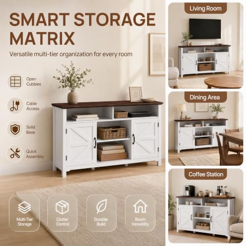 58" Farmhouse TV Stand with Hinged Barn Doors, White Storage Cabinet, view 7