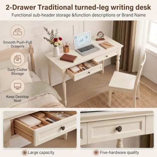 47” Solid Wood Writing Desk with Drawers, White, view 6