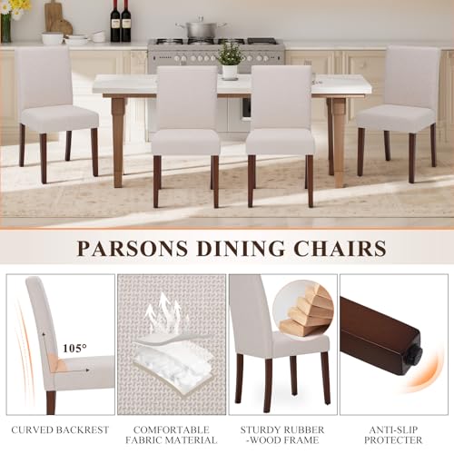 Upholstered Dining Chairs Set of 4, Modern Fabric Dining Room Chair, Wooden Dining Chair, Kitchen Side Chairs, Farmhouse Dinner Chair with High Back for Kitchen, Beige