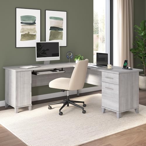 72-Inch L-Shaped Desk with Storage, Corner Computer Office Desk with File and Box Drawers, Home Office Workstation with Storage Cabinet, Somerset Collection, Platinum Gray