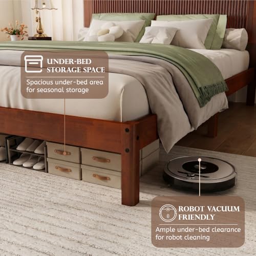 JIVOIT Queen Size Solid Rubber Wood Platform Bed with Wave-Styled Headboard | Bed Frame, Central Support Beams, Reinforced Platform Feet, Underbed Storage Space, Wood Slats Support, Bedroom