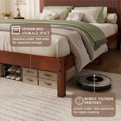 JIVOIT Queen Size Solid Rubber Wood Platform Bed with Wave-Styled Headboard | Bed Frame, Central Support Beams, Reinforced Platform Feet, Underbed Storage Space, Wood Slats Support, Bedroom