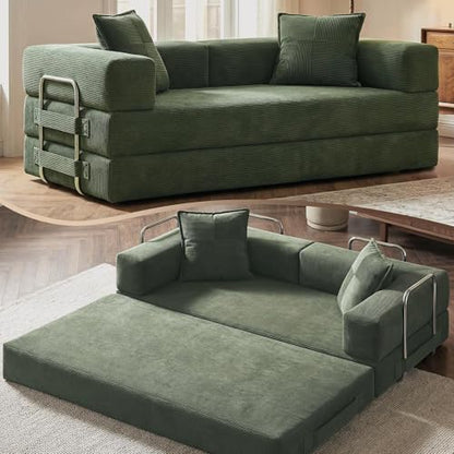 78" 5-in-1 Convertible Futon Sofa Bed, Boneless Corduroy, Green, view 2