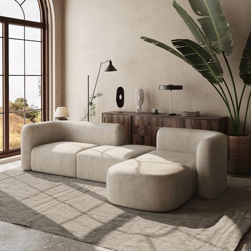 Luxury Modern Tight Curved Back Velvet Sofa, Minimalist Style Comfy Couch for Living Room Apartment, 4 Seater Modular Sectional, Cream