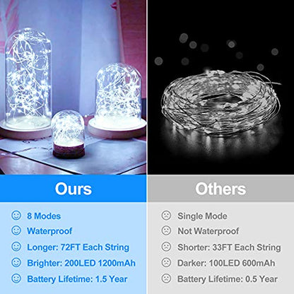 Extra-long 288FT 800 LED Solar Fairy String Lights, 4-Pack 72FT 200 LED Outdoor Twinkle Lights Waterproof 8 Lighting Modes Cool White Silver Wire Lights for Deck Backyard Tree Garden Fence Pool Party