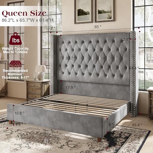 Queen Bed Frame 61.4" Tall Upholstered Wingback Headboard, Grey