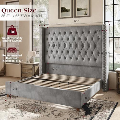Queen Bed Frame 61.4" Tall Upholstered Wingback Headboard, Grey