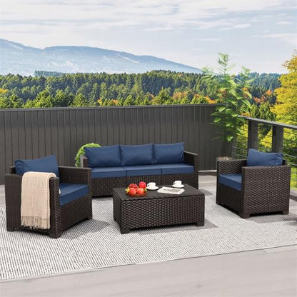 4 Piece Patio Furniture Set 45In Fire Pit Table Outdoor Furniture Sets Patio Couch Outdoor Chairs 50000 BTU Propane Fire Pit with No-Slip Cushions and Waterproof Covers, Navy Blue