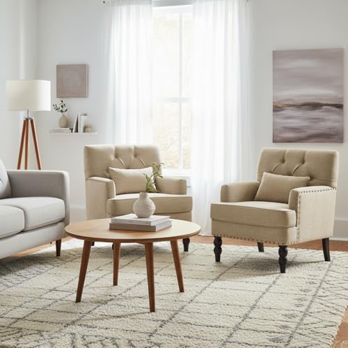 Tufted Club Chair Set of 2 with Lumbar Pillow,Accent Chair Upholstered Button Armchair, Linen Fabric Sofa Chairs for Bedroom, Living Room, Mid Century Modern Reading Chair,Brown