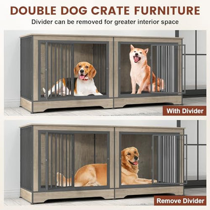 75 Inch Double Dog Crate Furniture for 2 Large Dogs with 2 Trays and Divider, view 3