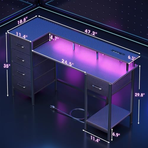 47 Inch Computer Gaming Desk with Power Outlets & LED Lights Reversible Home Office Desk with Adjustable 5 Fabric Storage Drawers for Working Writing Study, Carbon Fiber Black