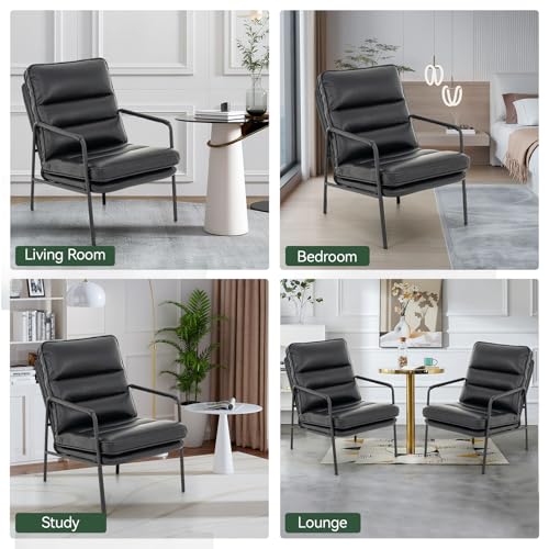 Modern Accent Chair, PU Leather High Back Armchair with Metal Frame, Comfy and Supportive Reading Chair for Living Room, Bedroom, or Office, Black
