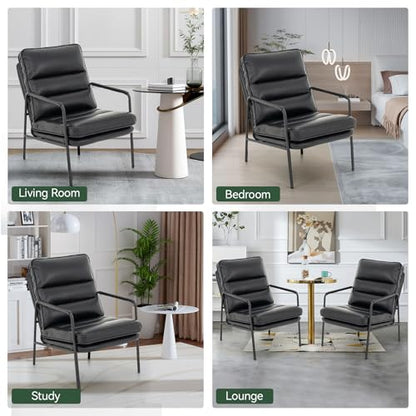 Modern Accent Chair, PU Leather High Back Armchair with Metal Frame, Comfy and Supportive Reading Chair for Living Room, Bedroom, or Office, Black