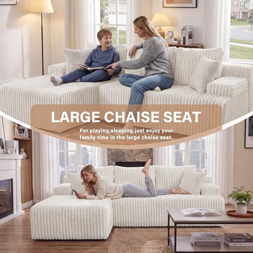 Modular Sectional - L-Shape Cloud Seating with Memory Foam, Convertible 3-Seat Living Room Furniture, Oversized Chaise Lounge, Washable Cover (White, 98", Left Hand Facing)