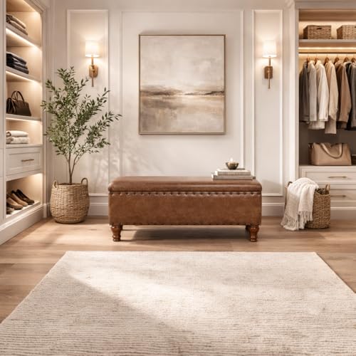 Home Decor | Upholstered Bench with Nailhead Trim | Large Faux Leather Ottoman with Storage for Living Room & Bedroom | Decorative Home Furniture, Brown Faux Leather