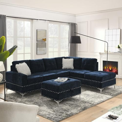 108'' Sectional Couches for Living Room, Modular 5-Seater Couch Sofa with Reversible Chaise & Cup Holders, L-Shaped Corner Sofa with Storage Ottoman for Apartment Office (Chenille, Navy Blue)