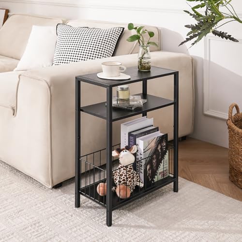 Narrow Side Table with Storage Basket, Small End Table for Small Spaces, Skinny Side Tables Living Room Bedroom Office, Slim Nightstand 3 Tier Bedside Table Space-Saving for Magazine, Black