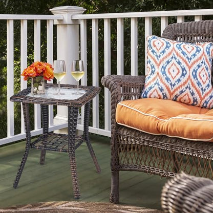 Rattan Outdoor Side Table with Glass Top & Storage Shelf | Small patio end coffee table, versatile furniture for porch, backyard, balcony and indoor living room