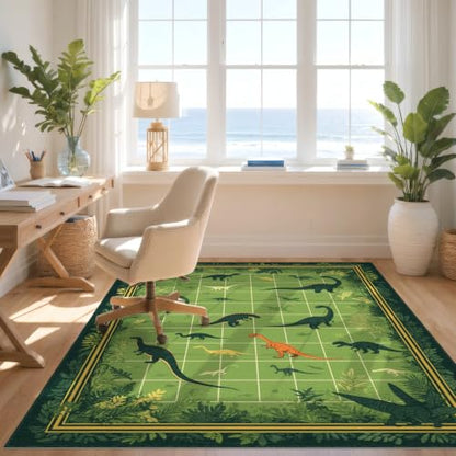Design&I 8'x10' Green Forest Dinosaur World Grid Pattern Washable Area Rug | Bedroom Decor with Vibrant Dino Species in for King Size Bedroom, Under Bed, Sleek Flatweave Pet Friendly