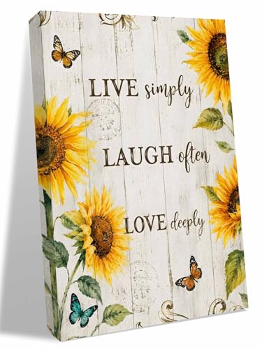 NuYeBiofx Rustic Sunflower Butterfly Live Quote Canvas Wall Art Prints,30"x20" Framed Picture Artwork Floral Retro Wood Plank Printed Canvas Oil Painting for Living Room Bedroom Office,Ready to Hang