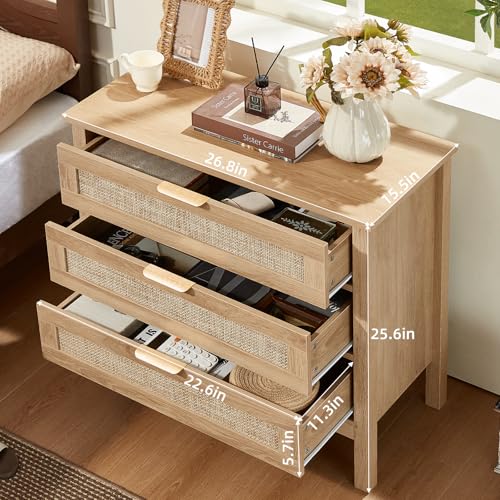 26.8" Wide Rattan Nightstand, Large Boho 3 Drawer Night Stand, Natural Wood Bedside Table with Storage, Tall Bed Side End Tables for Bedroom, Living Room, Hallway