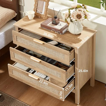 26.8" Wide Rattan Nightstand, Large Boho 3 Drawer Night Stand, Natural Wood Bedside Table with Storage, Tall Bed Side End Tables for Bedroom, Living Room, Hallway