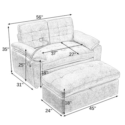 2 Seater Upholstered Loveseat Sofa with Storage Ottoman Phone Mount and Side Pocket Tufted Accent Couch, Pink