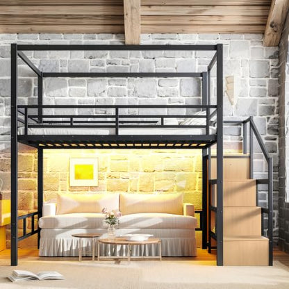 Queen Size Metal Loft Bed Frame with with Canopy Frame & Storage Staircase, view 4