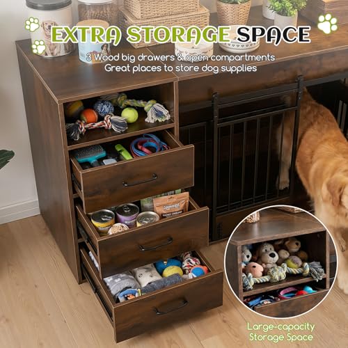 59.8 Inch Large Dog Crate Furniture with 3 Storage Drawers, view 4