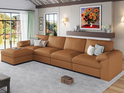 Leather Sectional Sofa,Modern Deep Seat Faux Leather Sectional,Extra Large L Shaped Couch,Oversized Modular Sofa,Comfy Scratch Resistant Material，Brown