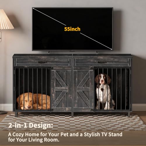 Dog Crate Furniture TV Stand with Storage Drawers, Large Wooden Kennel, view 4