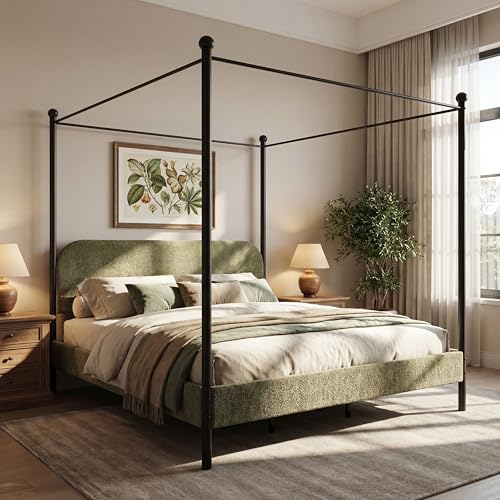 King Size Upholstered Canopy Bed Frame with Boucle Fabric, view 5
