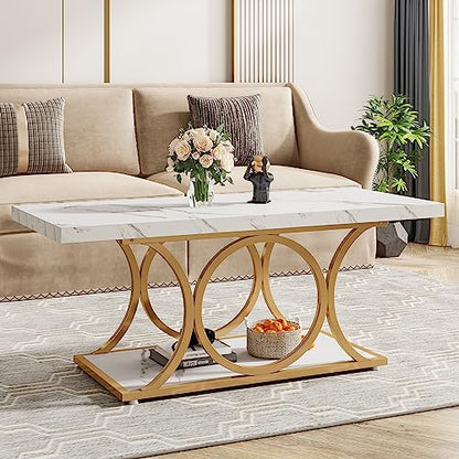 Tribesigns 46.45” Rectangle Coffee Table, Modern Coffee Tables for Living Room, 2-Tier Faux Marble Wood Coffee Table with Geometric Legs, Furniture with Storage Shelf (White & Gold)