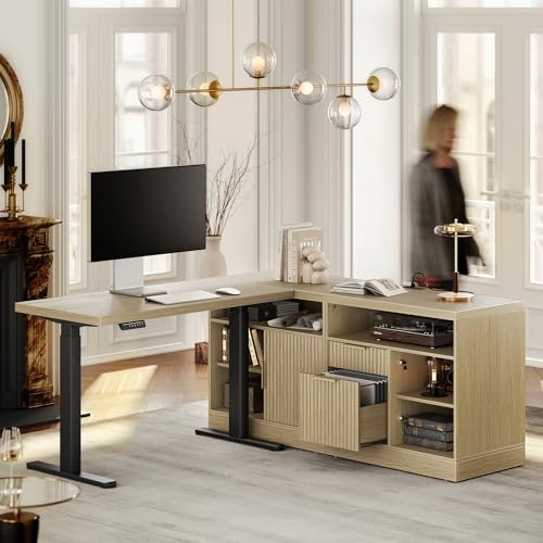 L Shaped Standing Desk, 67 Inches Electric Adjustable Desk with Storage & 2 File Cabinets, Fluted Executive Corner Desk for Home Office with Built-in Outlets，1.18" Desktop, Light Walnut