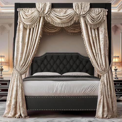 Upholstered Queen Size Bed Frame with Canopy Poles and Headboard, view 4