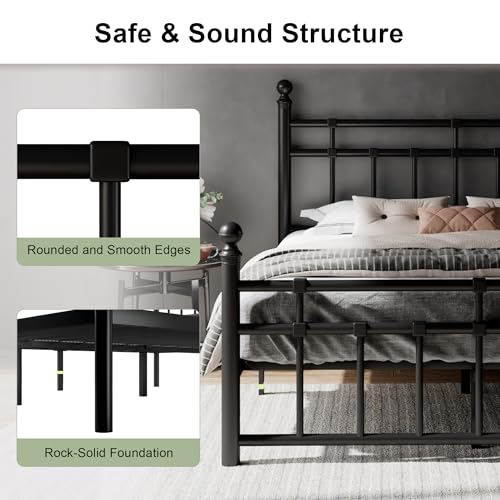 Full Size Metal Platform Bed Frame with Victorian Classic Iron-Art Headboard, view 5