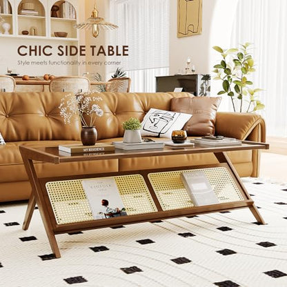 Rattan Coffee Table with Glass Top Mid-Century Modern Center Table with Storage for Living Room Table Brown