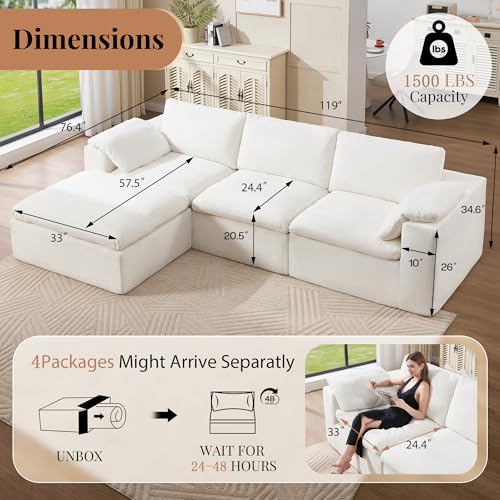 120" Cloud Modular Sectional Sofa, No-Assembly Oversized Chenille Couch with 76.4" Extra-Deep Chaise, Modern White Cloud Couch for Living Room