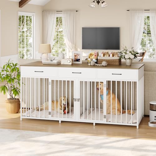 Double Dog Crate, 71"W Indoor Dog Kennel Furniture for 2 Dog, White, view 3