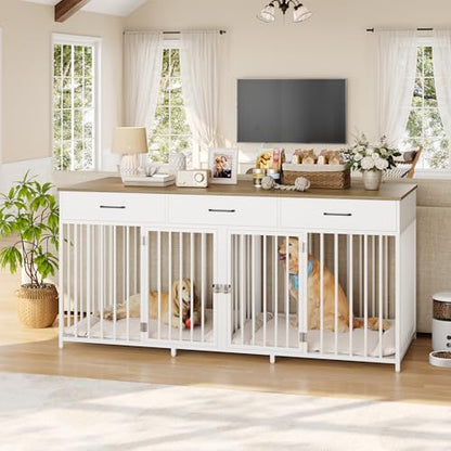 Double Dog Crate, 71"W Indoor Dog Kennel Furniture for 2 Dog, White, view 3