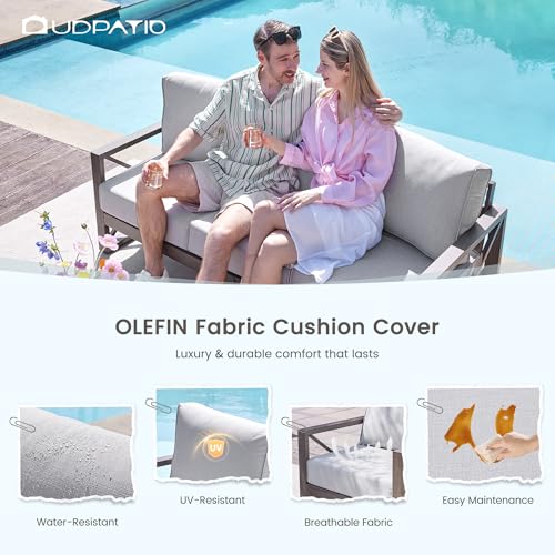 Aluminum Patio Furniture Set, Faux Wood Grain Modern Outdoor Furniture, 6" Cushions Metal Patio Conversation Sofa with Coffee Table for Poolside Deck, 8 PCS, Beige(Include 600D Covers)
