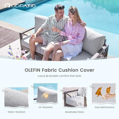Aluminum Patio Furniture Set, Faux Wood Grain Modern Outdoor Furniture, 6" Cushions Metal Patio Conversation Sofa with Coffee Table for Poolside Deck, 8 PCS, Beige(Include 600D Covers)